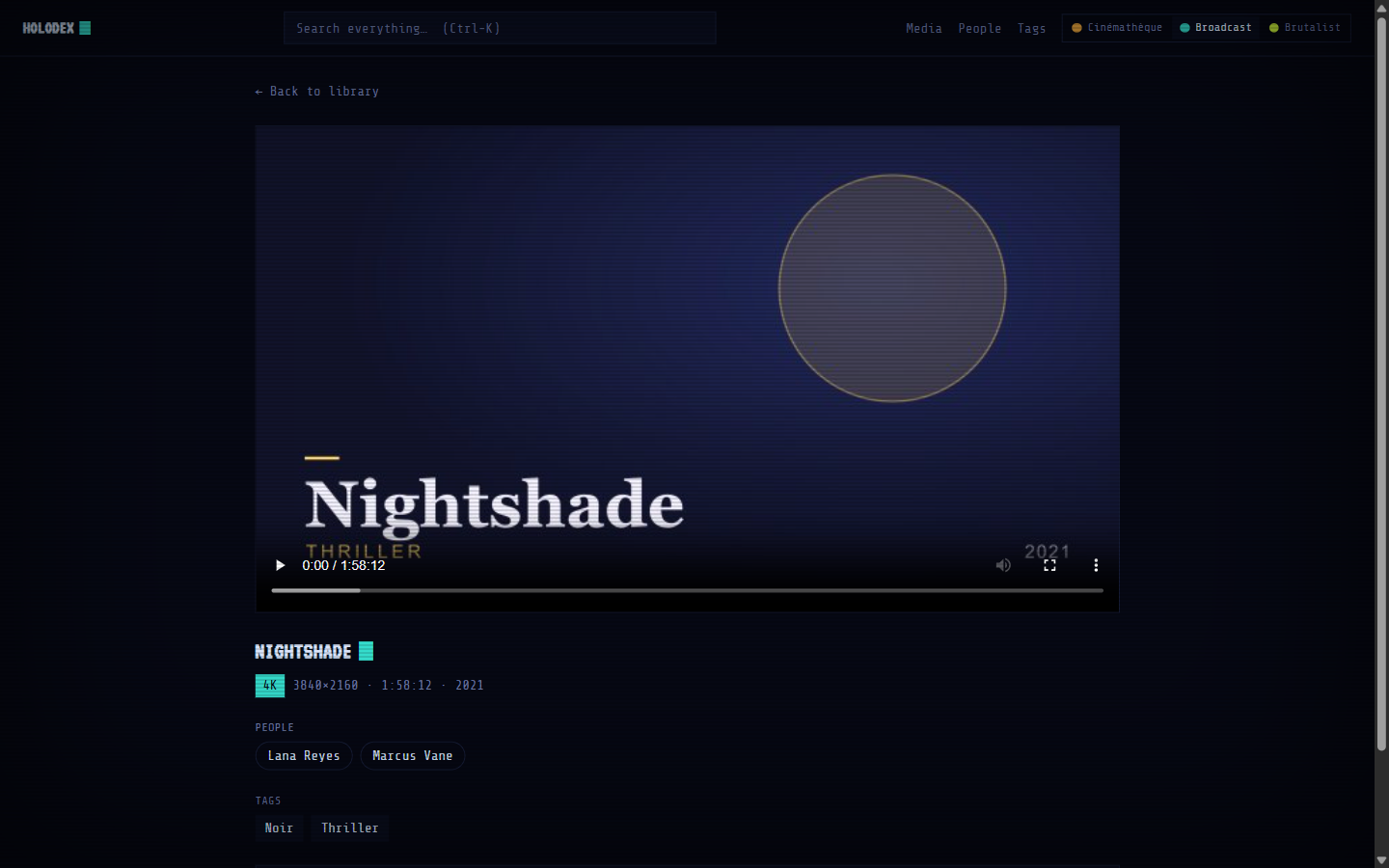 Holodex video detail in the Broadcast skin