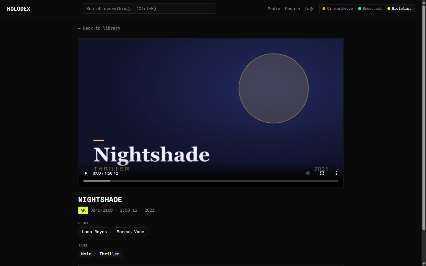 Holodex video detail in the Brutalist skin