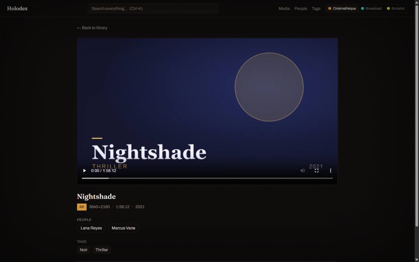 Holodex video detail in the Cinémathèque skin