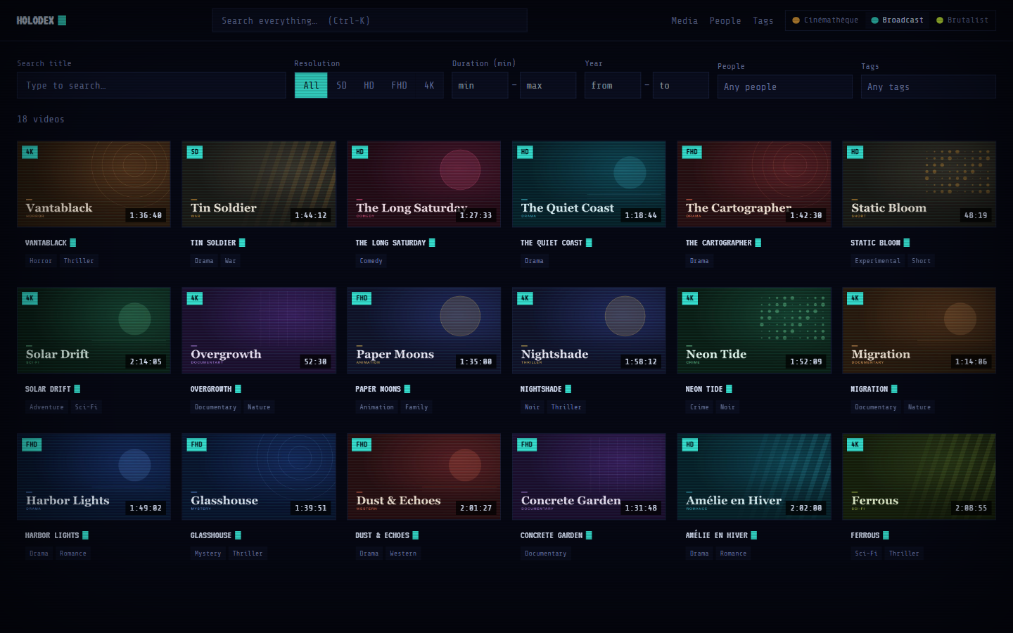 Holodex library grid in the Broadcast skin