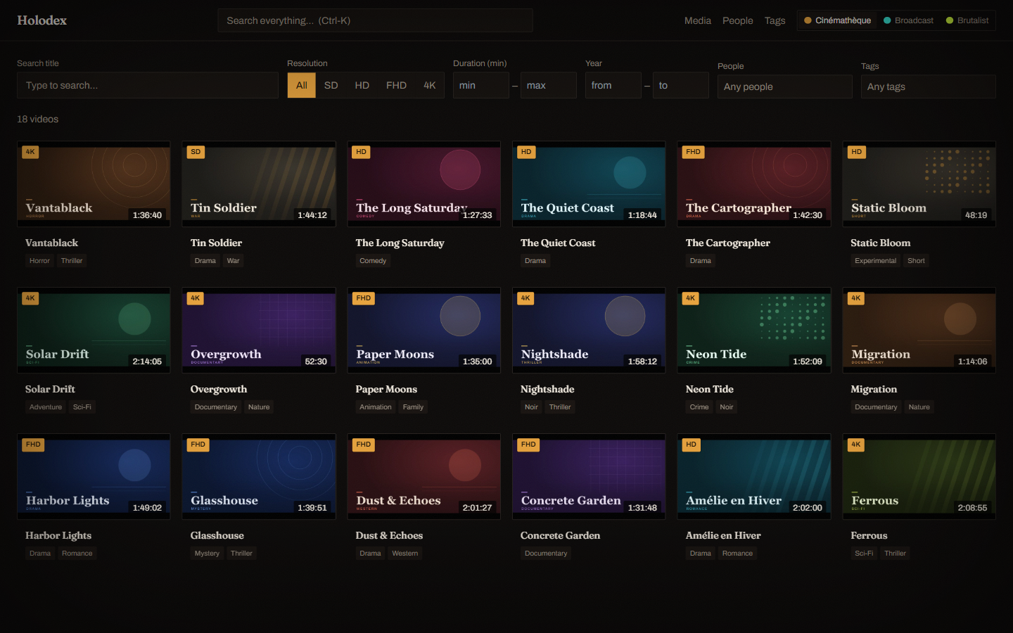 Holodex library grid in the Cinémathèque skin